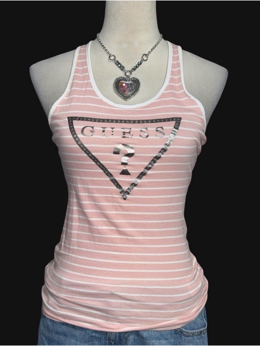 GUESS Pink & White Striped Logo Racerback Tank
